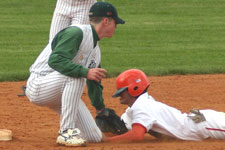 Andrew Law tags runner at second from arm of catcher Bryce Ayoso