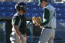 Craig Brimhall gets a visit from catcher Bryce Ayoso